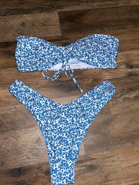 Blue Floral Bandeau Bikini Set 2 Piece